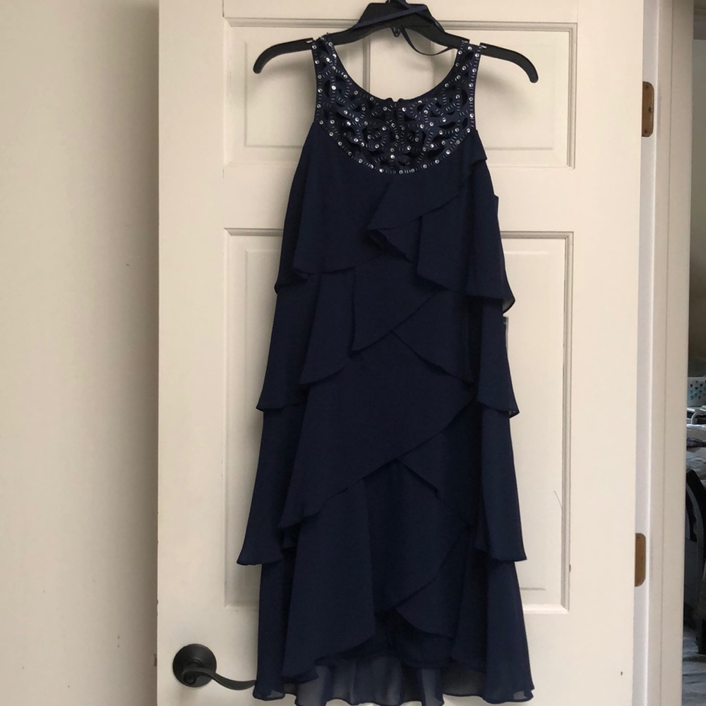 SL fashions NY, navy tiered chiffon dress. Sz 6